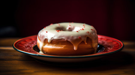 Donut with glaze on a red plate on a wooden tableの素材