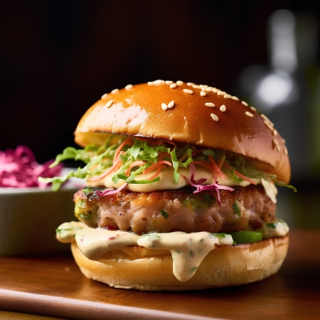 Beef burger with lettuce, onion and mayonnaise on wooden boardの素材
