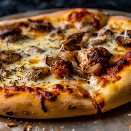 Pizza with mushrooms and cheese on a dark background. Italian cuisine.の素材