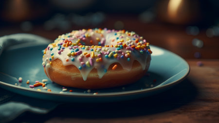 donut with sprinkles on a blue plate on a wooden tableの素材