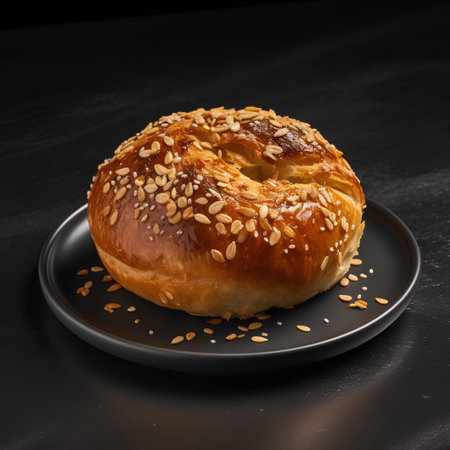 Bagel with sesame seeds on a black plate on a dark backgroundの素材