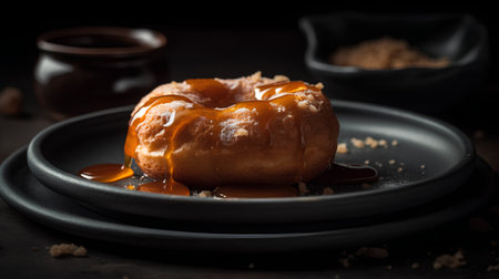 Fresh baked donuts with sweet condensed milk and caramel on black backgroundの素材