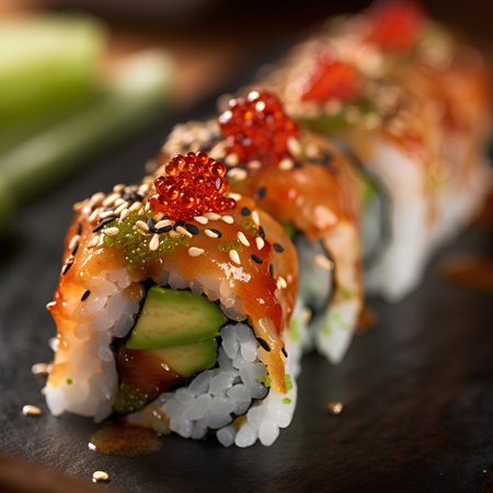 Sushi roll with salmon, cucumber, avocado and sesame seedsの素材