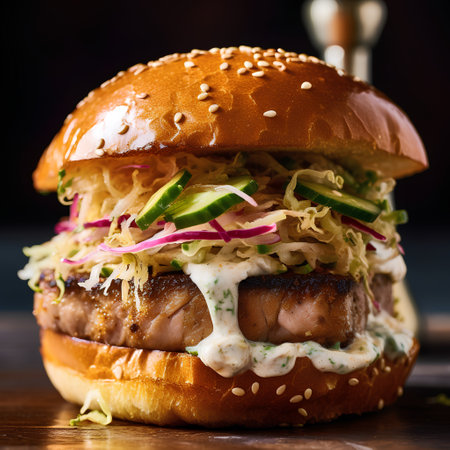 Beef burger with cucumber, onion and mayonnaise on a dark backgroundの素材