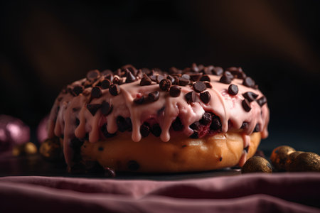 Donut with chocolate glaze and sprinkles on a dark backgroundの素材