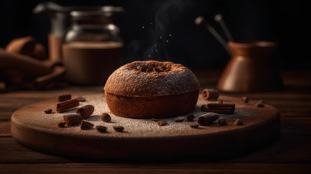 Chocolate bundt cake on a cutting board on a dark backgroundの素材