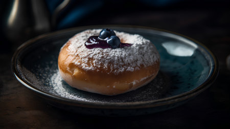 Donut with blueberry and sugar powder on dark wooden background.の素材