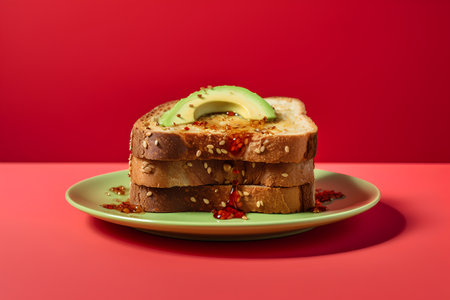Slice of bread with avocado and seeds on plate on red backgroundの素材