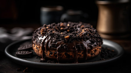 Donut with chocolate glaze on a dark background. Selective focus.の素材