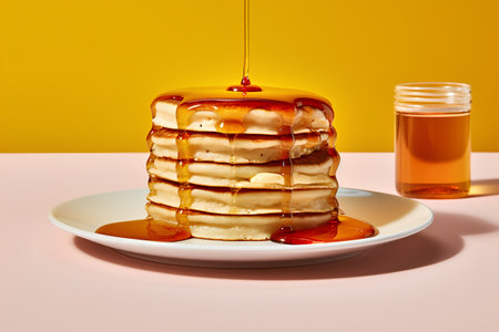 Pancakes with honey on a white plate. 3d renderingの素材