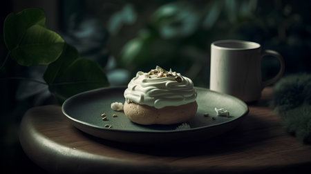 Cake with whipped cream and a cup of coffee on a wooden tableの素材