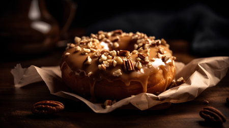 Donut with caramel glaze and pecan nuts on wooden backgroundの素材