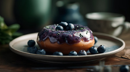 Donut with blueberry jam and cup of coffee, selective focusの素材