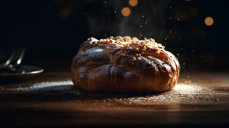 Baked bread with sugar powder on wooden table. Selective focus.の素材