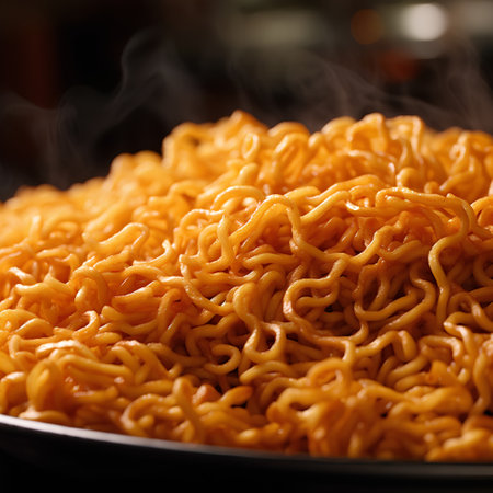 instant noodles on a black plate, close-up, horizontalの素材