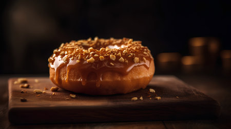 Donut with caramel glaze and nuts on a wooden background.の素材