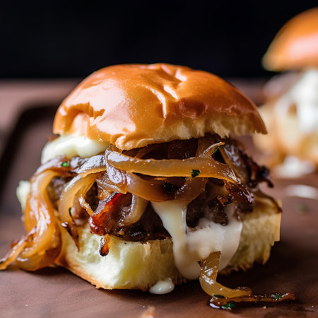 Homemade hamburger with beef, onion and cheese on a dark backgroundの素材