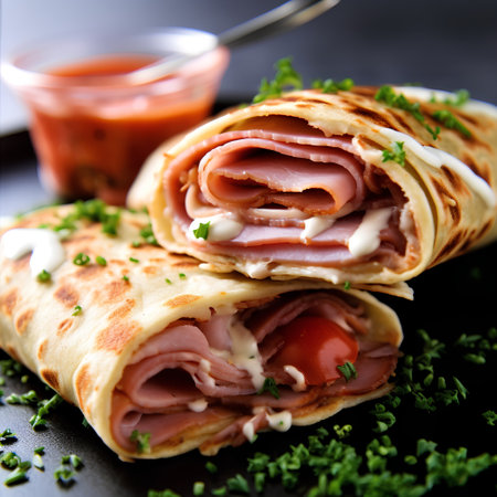 Pancakes with ham, cheese and tomato sauce on black backgroundの素材