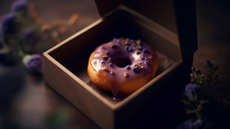 Donut in a gift box on a wooden background. Selective focus.の素材