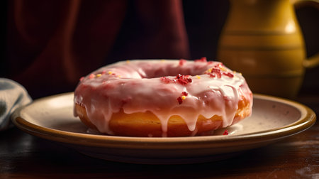 Donut with pink glaze on a plate. Selective focus.の素材