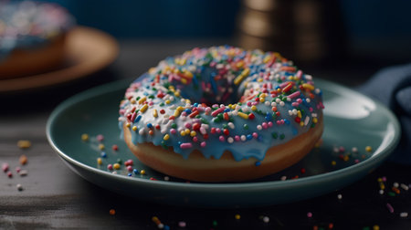 Donut with sprinkles on a blue plate on a dark background.の素材
