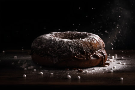 Chocolate donut sprinkled with powdered sugar on a dark background. Toned.の素材