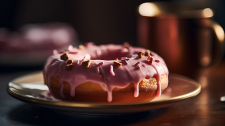 Donut with pink glaze on a golden plate on a dark backgroundの素材