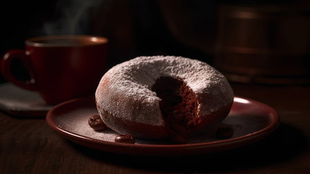 Chocolate bundt cake sprinkled with icing sugar and a cup of coffee on a wooden tableの素材