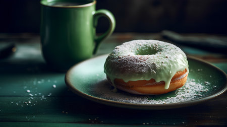 Donut with icing sugar and green cup of coffee on wooden backgroundの素材