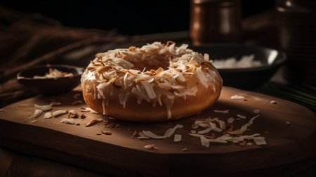Donut with coconut flakes on a wooden board. Toned.の素材