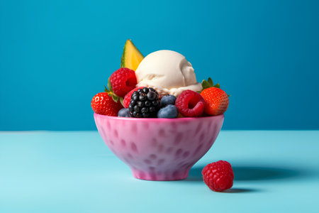Vanilla ice cream with fresh berries in a bowl on a blue backgroundの素材