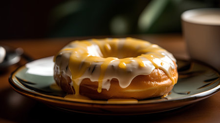 Donut with yellow glaze on a plate and a cup of coffeeの素材