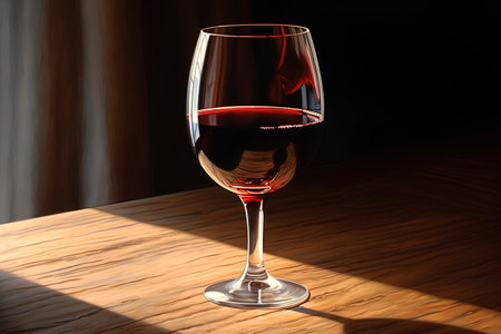 Glass of red wine on a wooden table in the sunlight. 3d renderingの素材