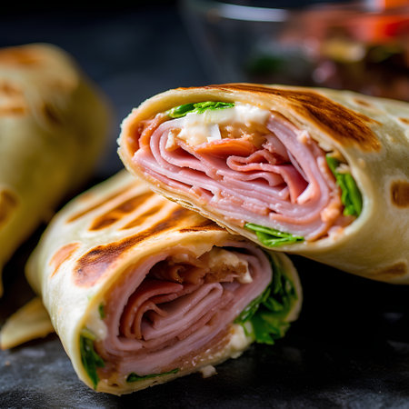 Pancakes stuffed with ham, cheese and herbs on dark backgroundの素材