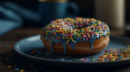 Donut with colorful sprinkles on a blue plate on a wooden tableの素材