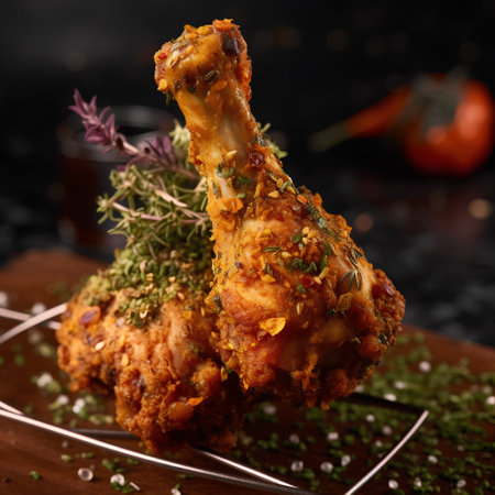 Fried chicken legs with spices and herbs on a dark background.の素材