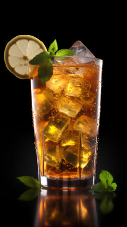 Glass of cola with ice cubes and lemon on a black backgroundの素材