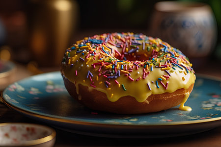 Donut with icing and colorful sprinkles on a blue plate.の素材