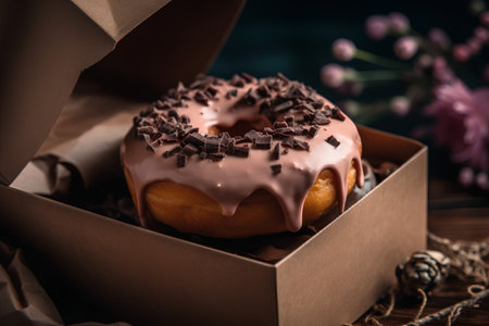 Donut with chocolate glaze in a gift box on a wooden backgroundの素材
