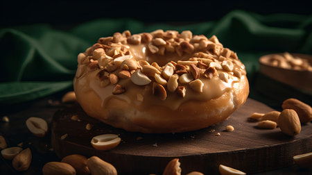 Delicious donuts with nuts on wooden table, close-upの素材