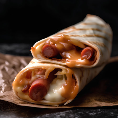 Pancakes stuffed with sausage and cheese on a black background.の素材