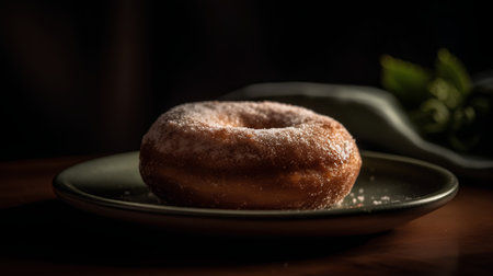 Fresh donut with icing sugar on a plate. Selective focus.の素材