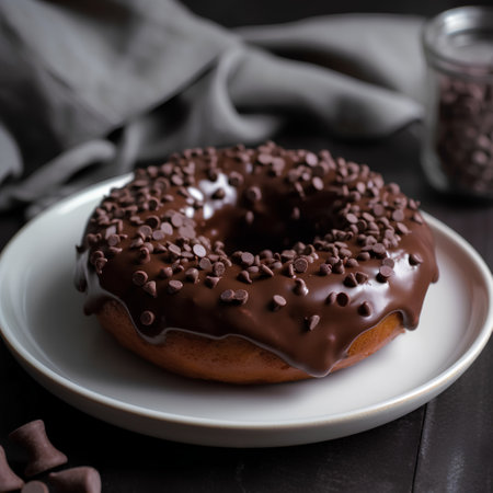 Chocolate donut on a white plate on a dark wooden backgroundの素材