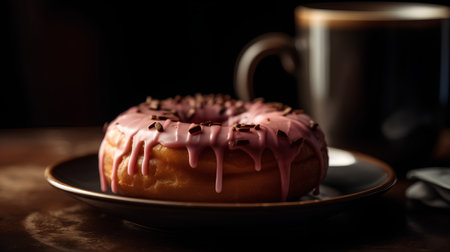 Donut with chocolate frosting and cup of coffee on dark backgroundの素材