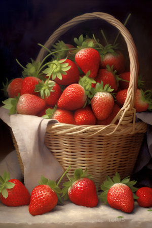 Strawberries in a wicker basket on a dark background.の素材