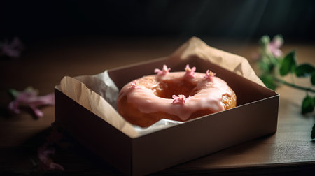Donut in a box on a wooden background. Toned.の素材