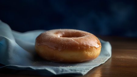 Donut on a wooden table with blue cloth. Selective focus.の素材