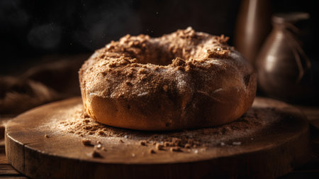 Cake sprinkled with cocoa powder on a wooden background. Selective focus.の素材