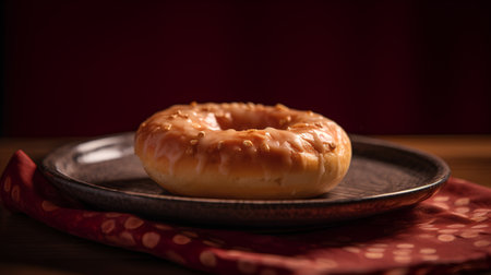 Bagel on a plate with red napkin on wooden tableの素材