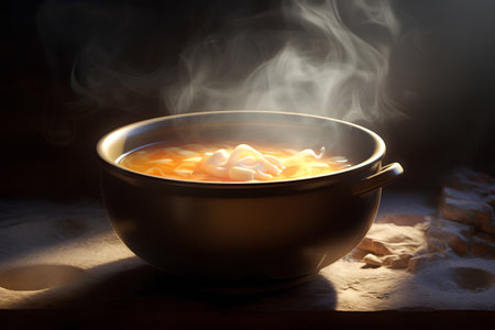 Hot tea with marshmallows in a pot on a wooden backgroundの素材